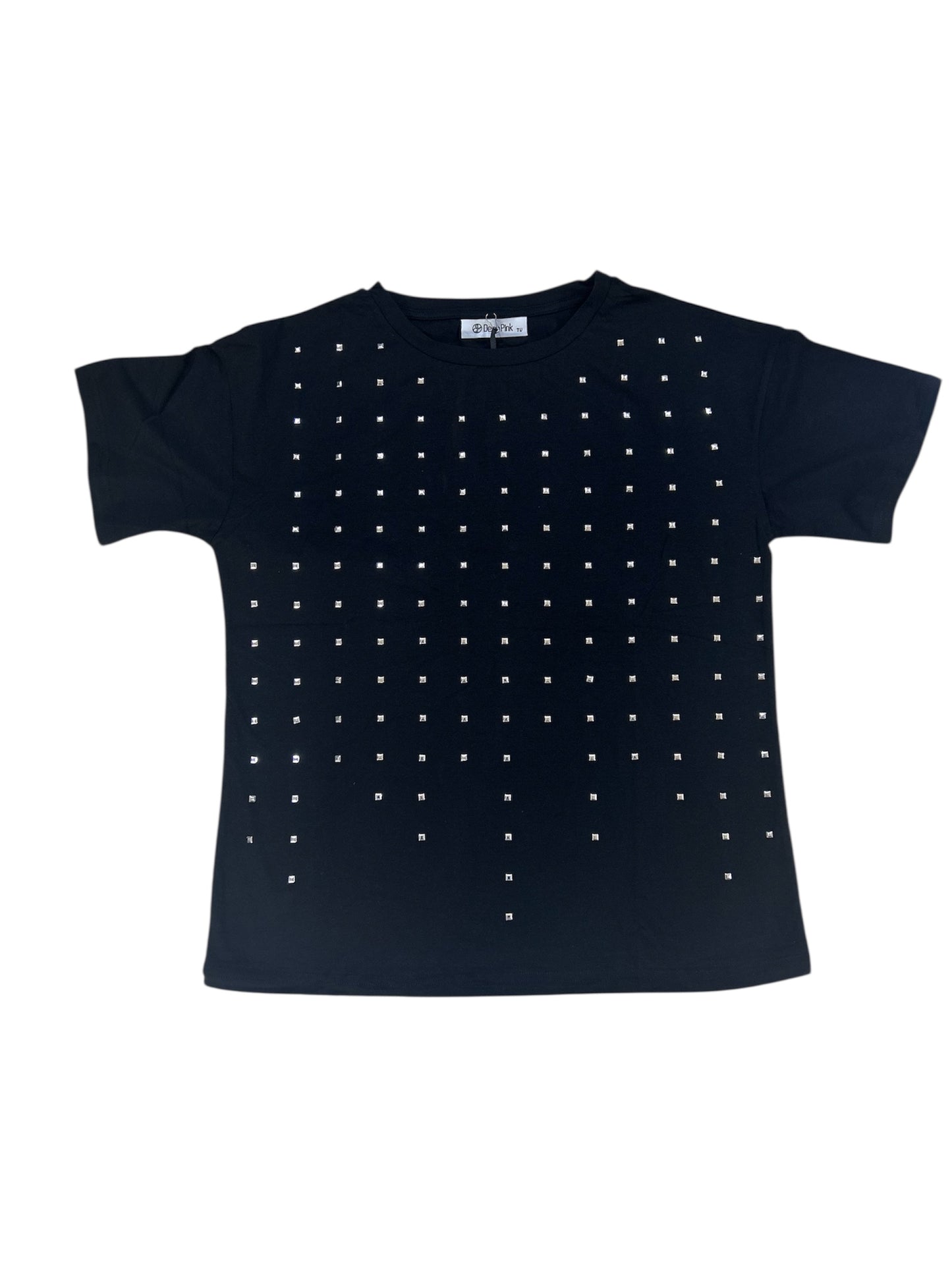 T-shirt nera con borchie quadrate "Deep Pink"