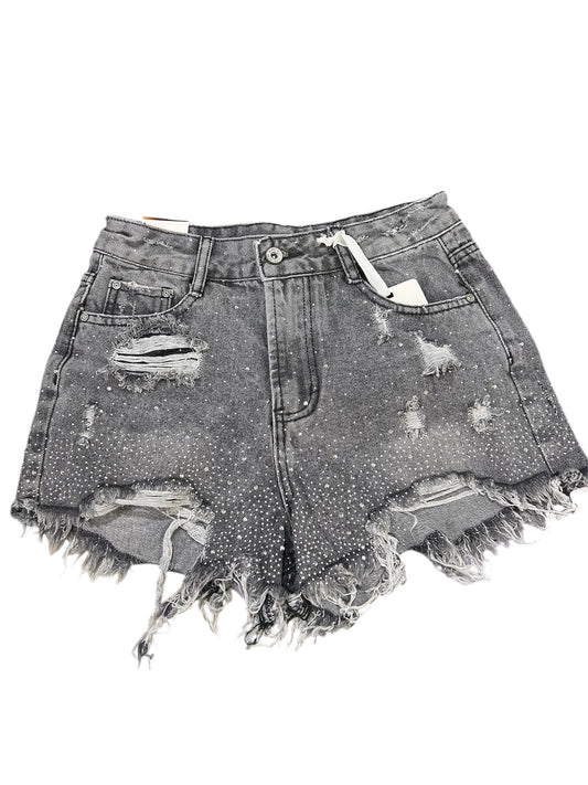 Shorts in denim nero con strass e strappi
