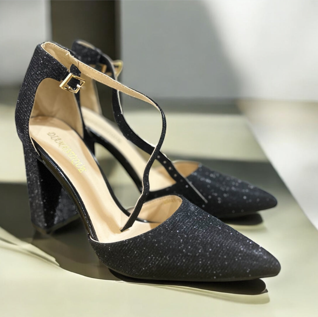 Décolleté Glitter Nero con Cinturino