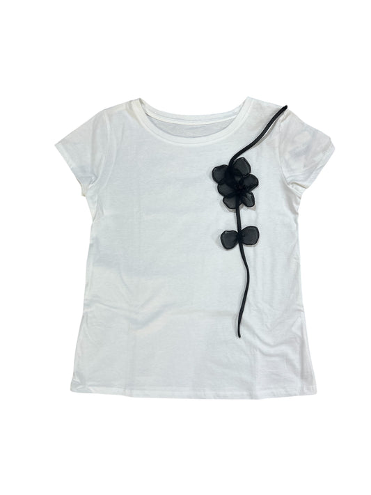 T-shirt Bianca con Fiore Nero in Rilievo
