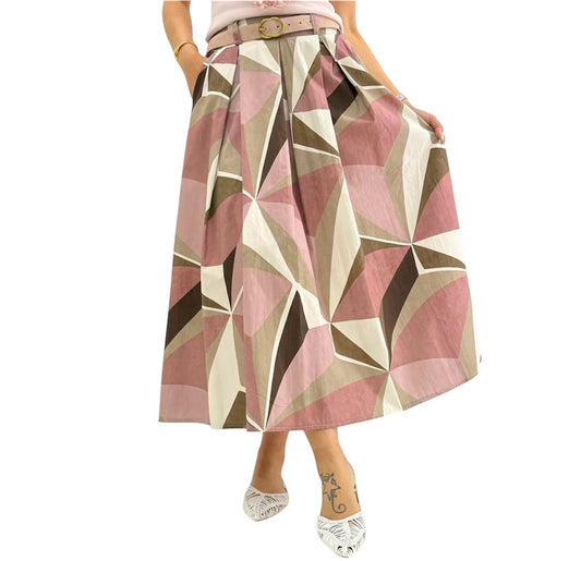 Gonna Midi Geometrica Rosa e Marrone