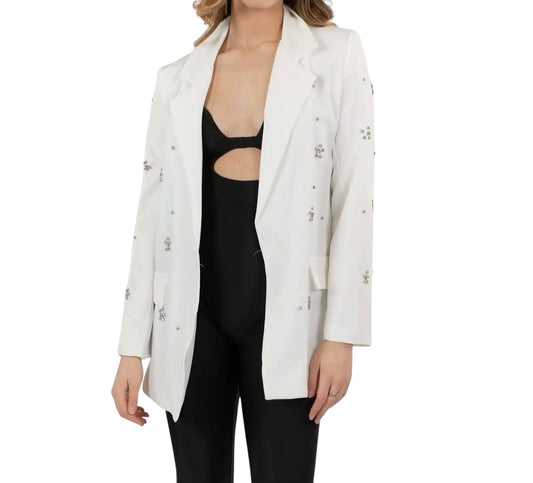 Blazer Over Bianco con Applicazioni Gioiello