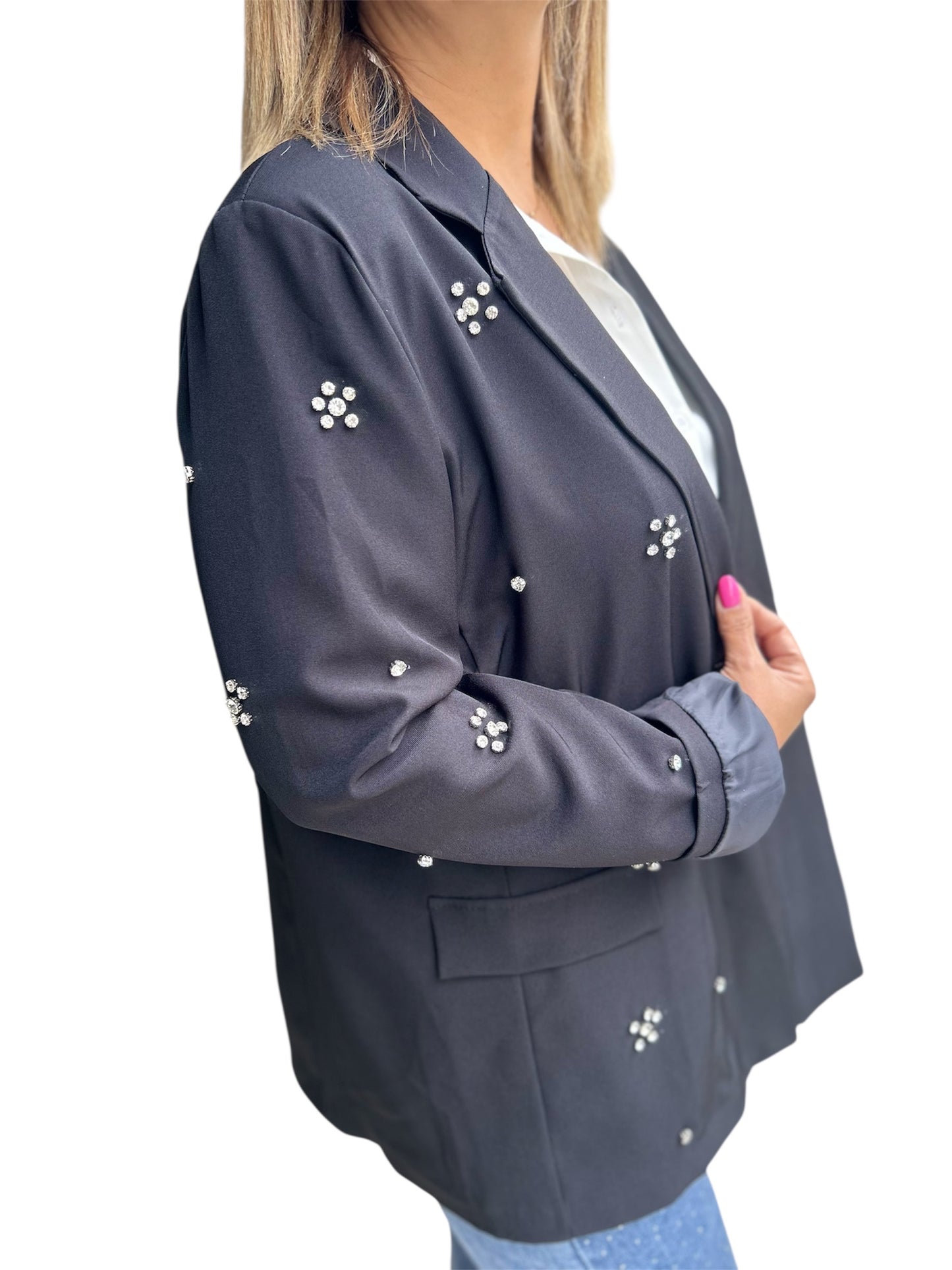 Blazer Nero con Applicazioni di Strass