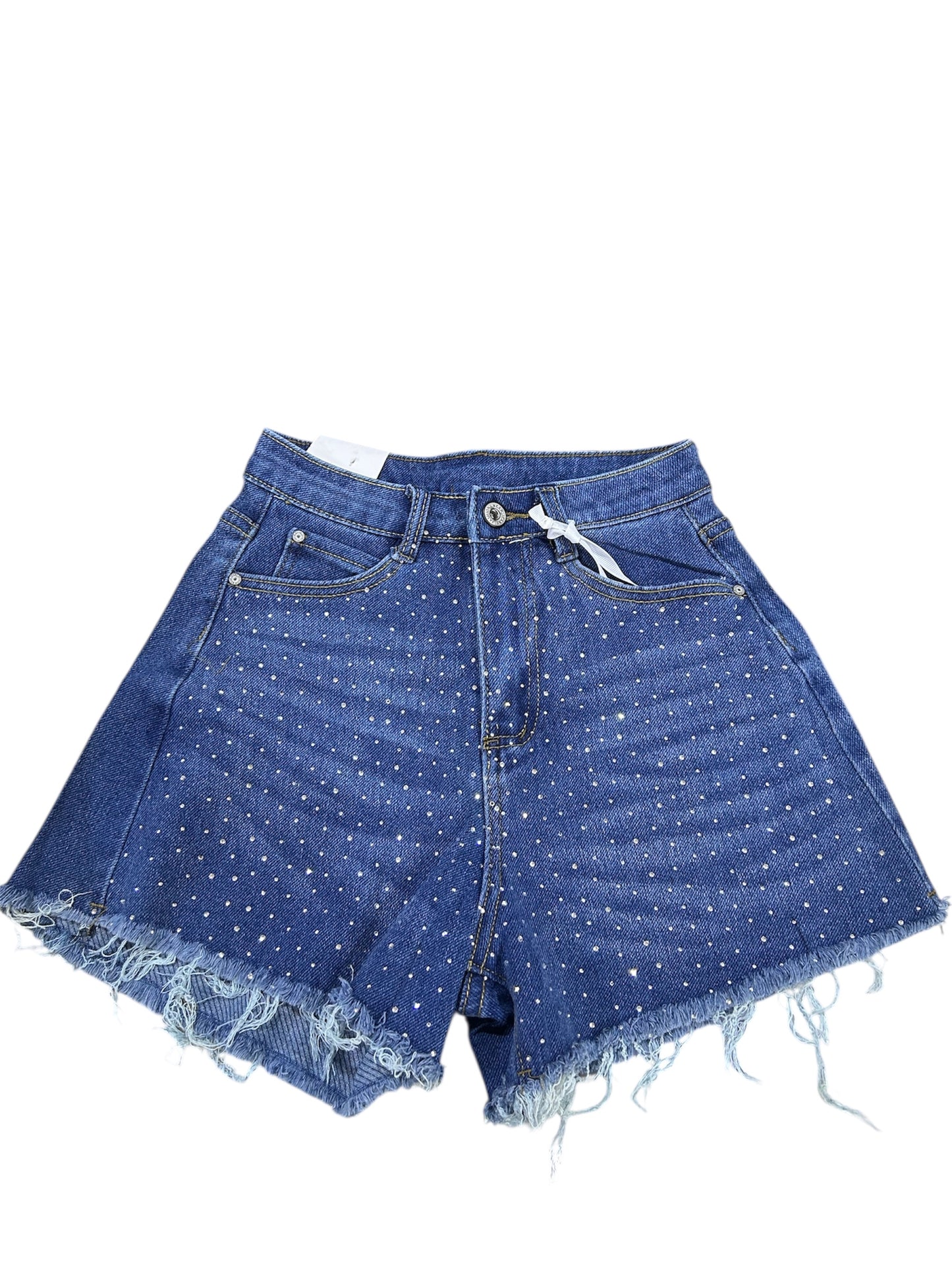 Shorts di jeans con strass e bordo sfrangiato