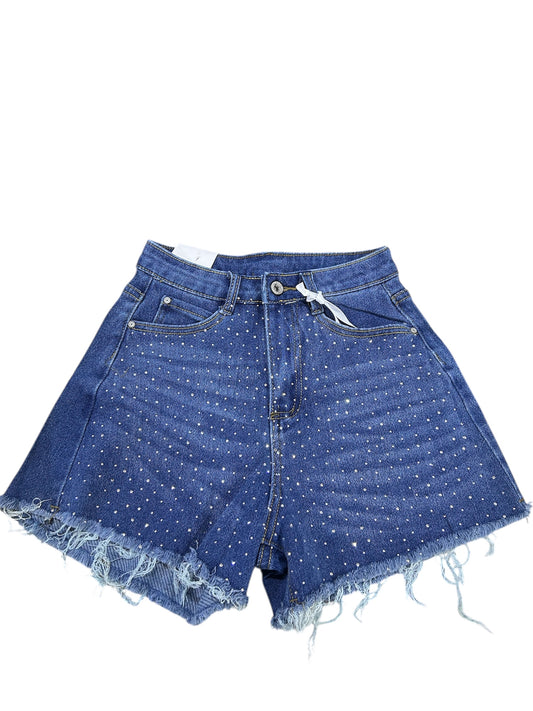 Shorts di jeans con strass e bordo sfrangiato