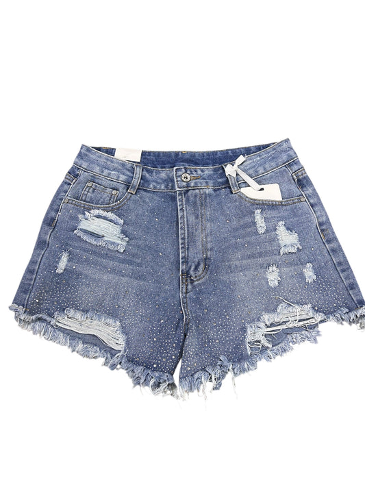 Shorts di jeans strappati con strass e bordo sfrangiato