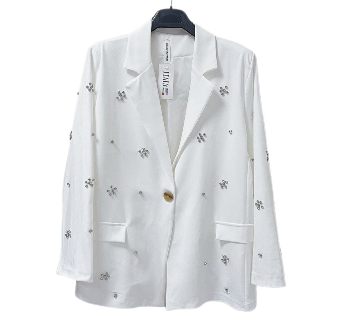 Blazer Over Bianco con Applicazioni Gioiello